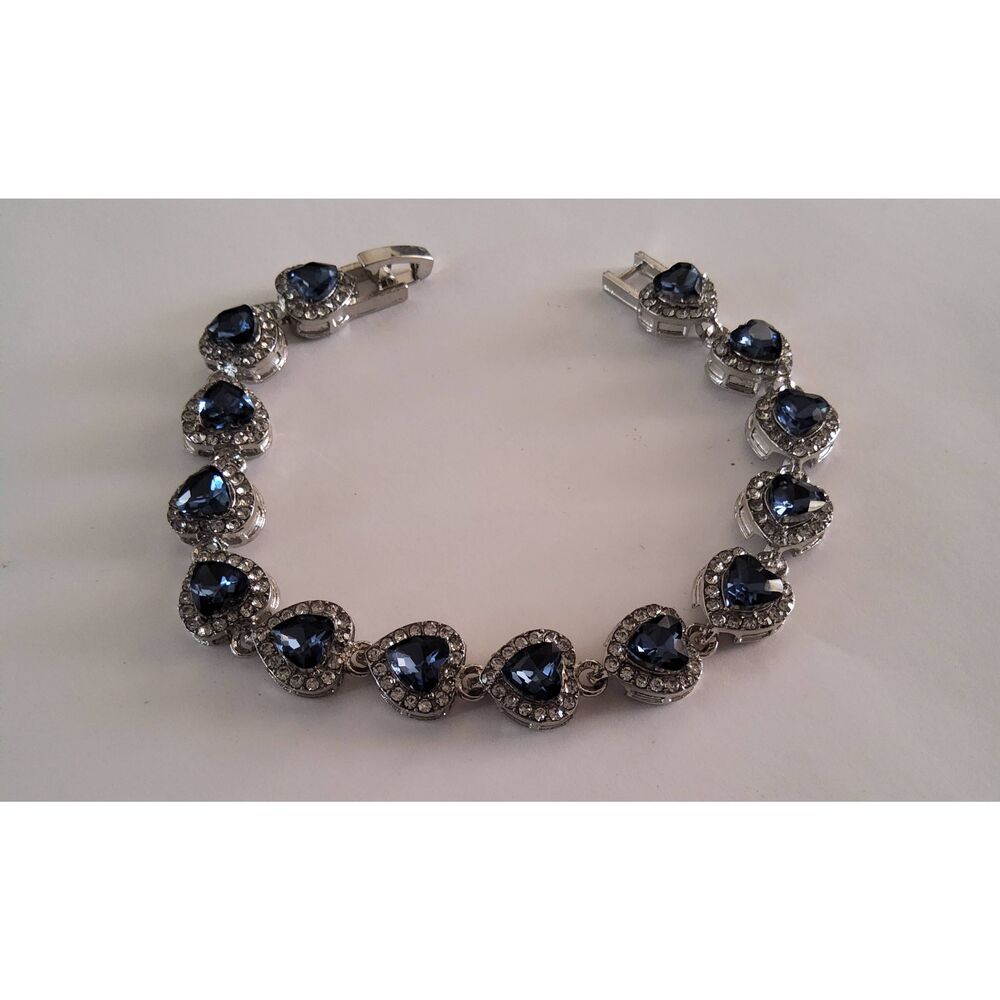 Pretty Blue & White Sapphire Crystal Heart Link Tennis Bracelet~Silver Plate 7"